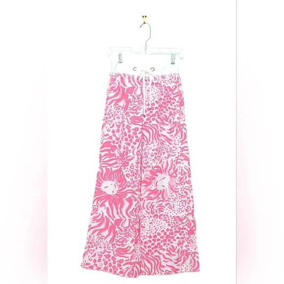Lilly Pulitzer Beach Pant Get Spotted Wide Leg Linen Animal Print Pink Size XXS - Picture 3 of 9
